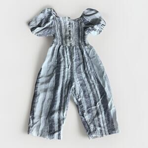 Baby Girl 24M Striped Puff Sleeve Romper Gray White Smocked Cotton Blend